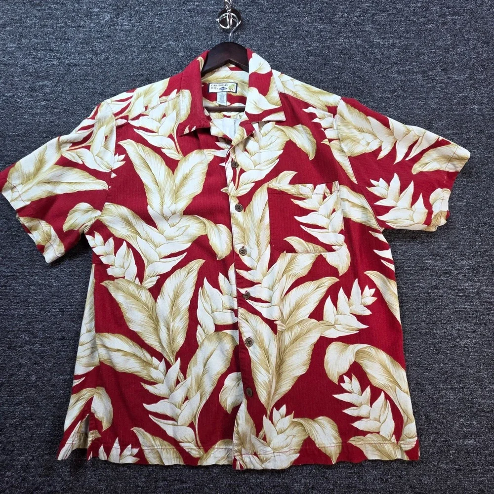 Caribbean Joe Button Down Shirt Mens XL Red Tropical Leaf Rayon Aloha Vacation‎